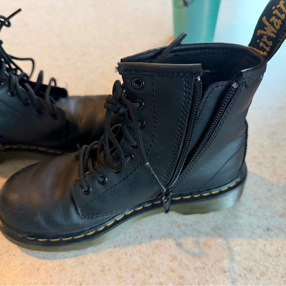 Dr. Martens Black Leather Lace-Up Boot with Yellow Heel Loop